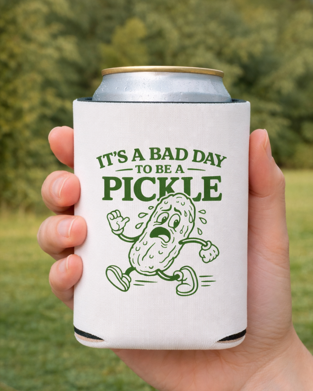 Koozie with pickle graphic and text held by a hand against a blurred green background
