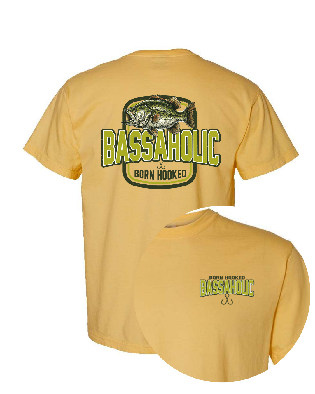 Yellow t-shirt with 'BASSAHOLIC' graphic on a white background