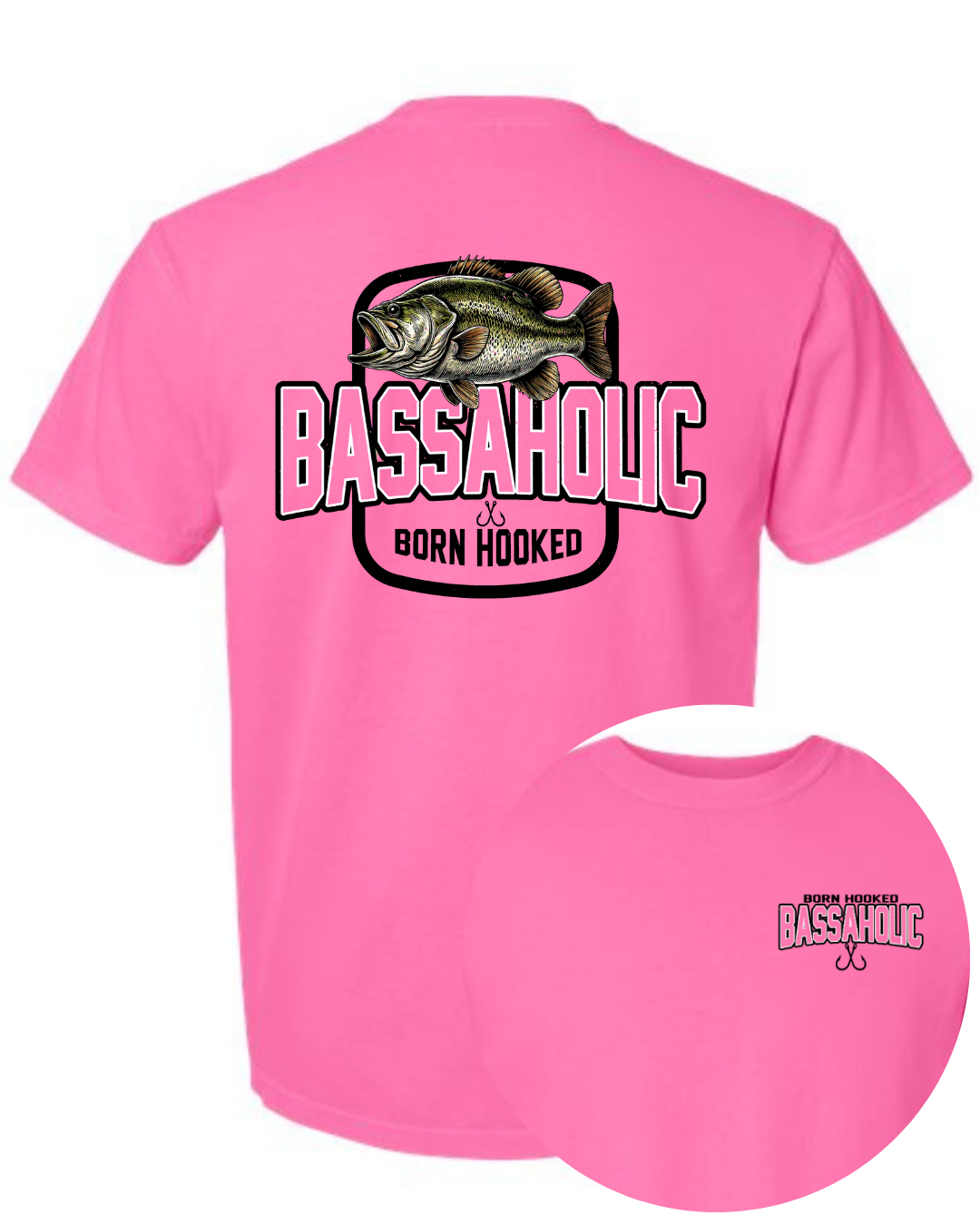 Pink t-shirt with bass graphic and 'BASSAHOLIC' text on a white background