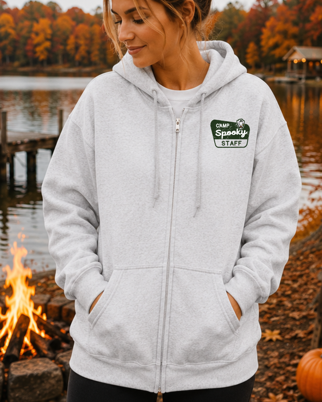 Back view of Camp Spooky Midnight Society zip-up hoodie with ghost campfire graphic