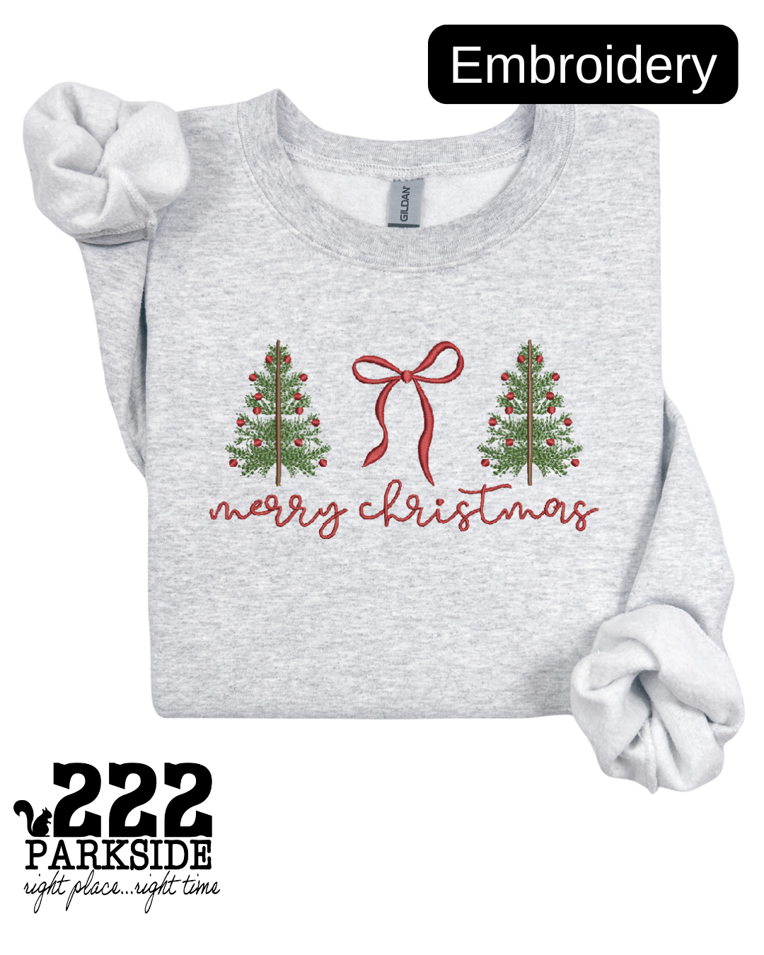 Merry Christmas Embroidered Bow & Trees Sweatshirt