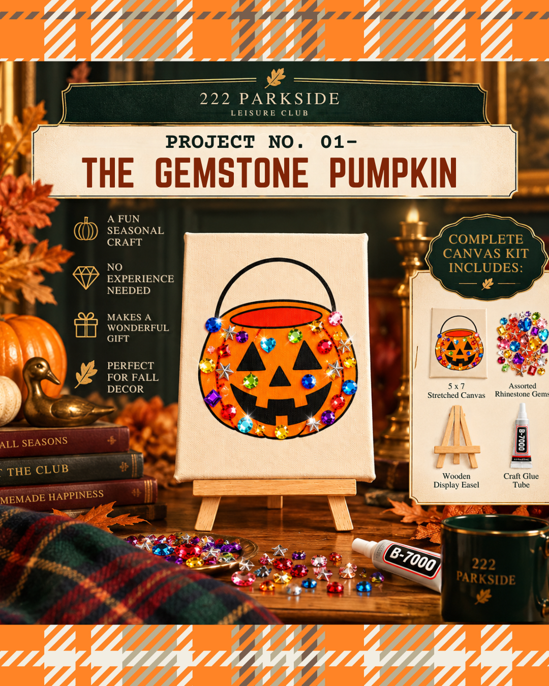 Leisure Project No. 01 | Gemstone Pumpkin Canvas Craft Kit | 5x7 DIY Shelf Art