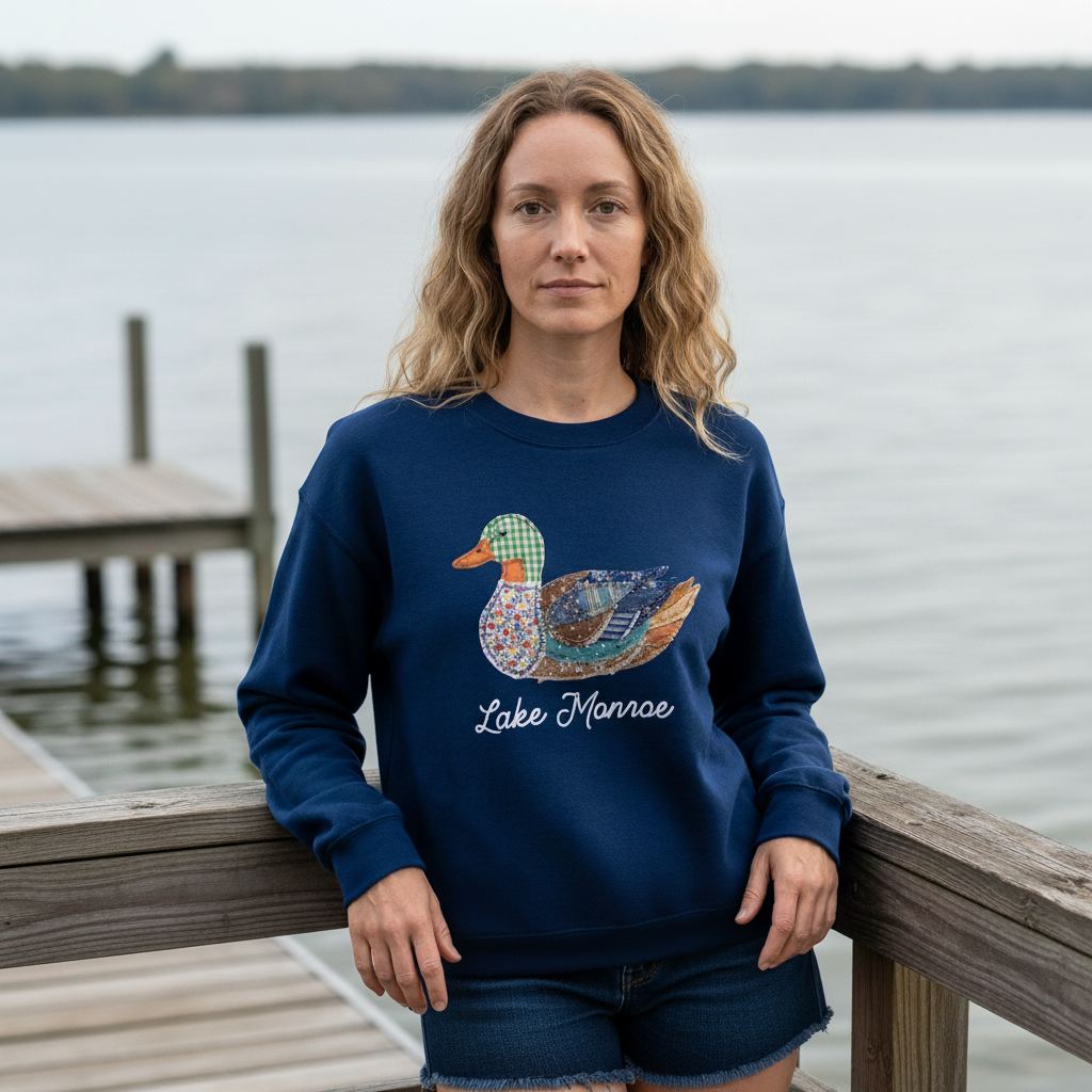 Woman wearing a navy sweatshirt with a duck design and 'Lake Monroe' text, standing on a wooden dock by a lake.